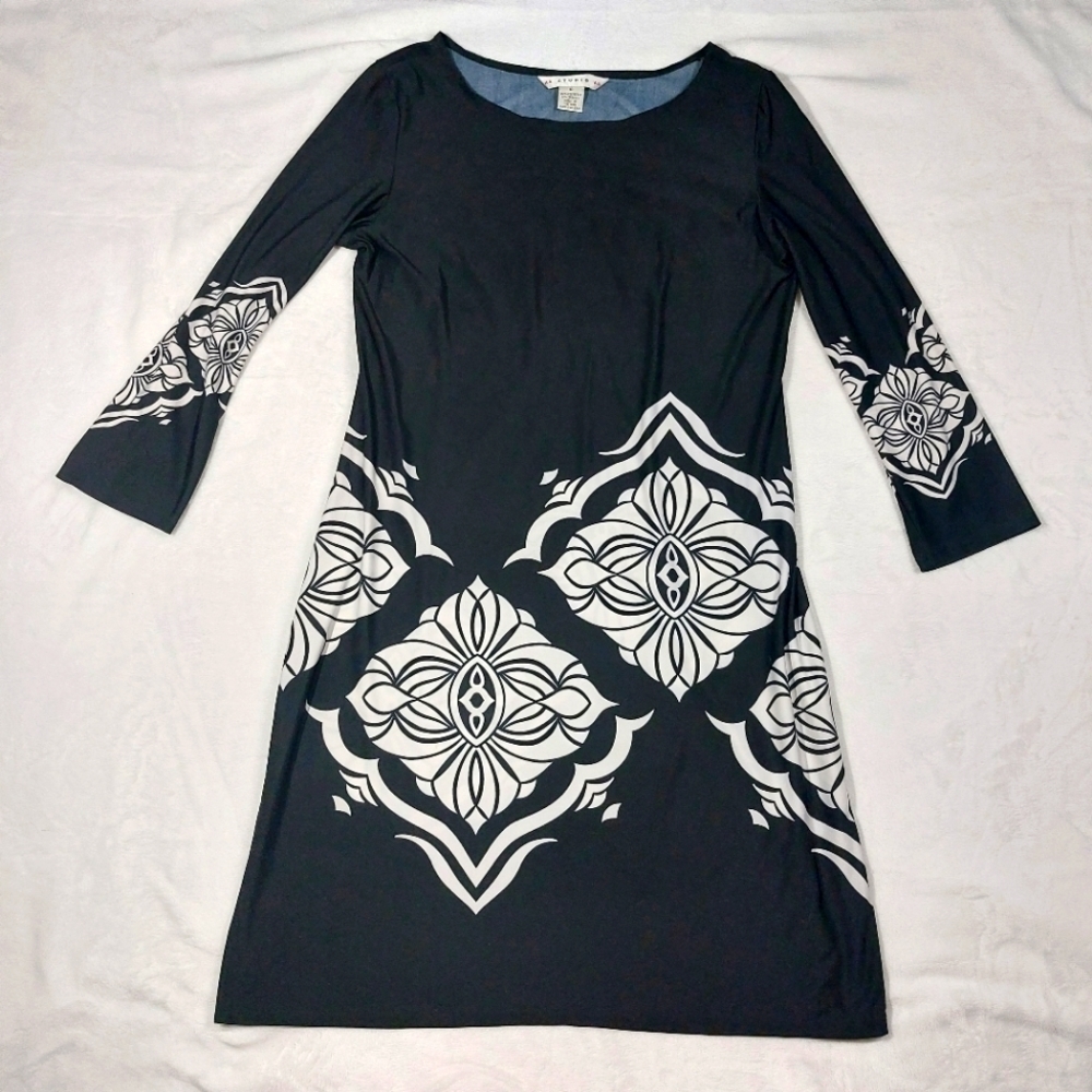 AA STUDIO AA WOMEN'S BLACK AND WHITE 3/4 SLEEVE FLORAL PRINT DRESS SIZE 10